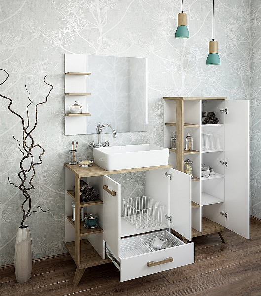 Тумба с раковиной Sanflor Ингрид 80 белый матовый/швейцарский вяз, с раковиной Plaza , изображение 3