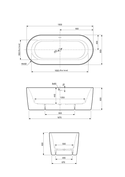 Акриловая ванна Cezares Metauro METAURO-INT-Central-180-80-60-W-MATT 180x80 , изображение 4