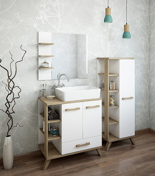 Тумба с раковиной Sanflor Ингрид 80 белый матовый/швейцарский вяз, с раковиной Plaza , изображение 2