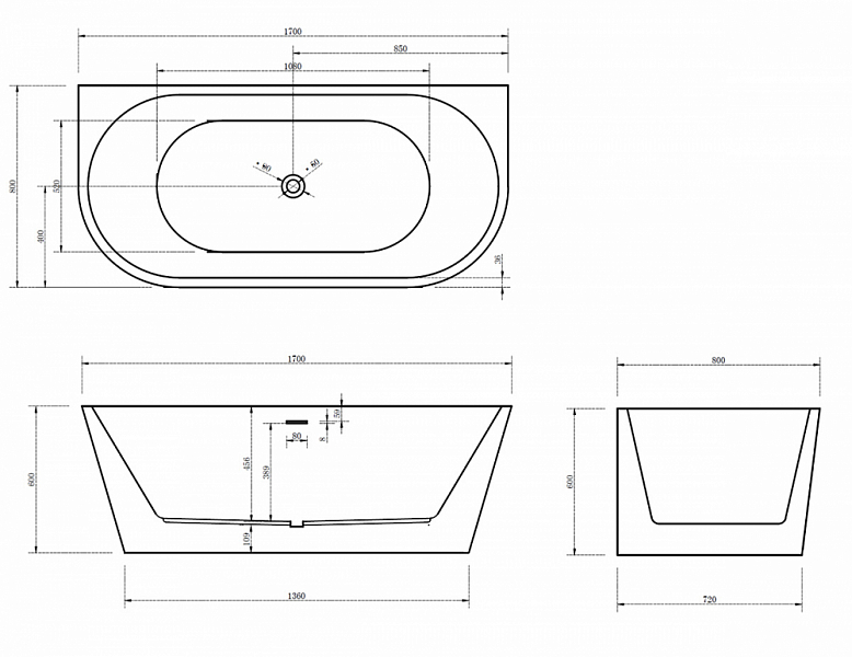 Акриловая ванна Abber AB9216-1.7MB 170х80 матовая , изображение 6