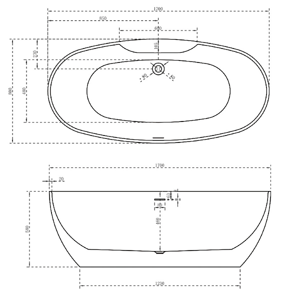 Акриловая ванна Abber AB9323 170x80 , изображение 4