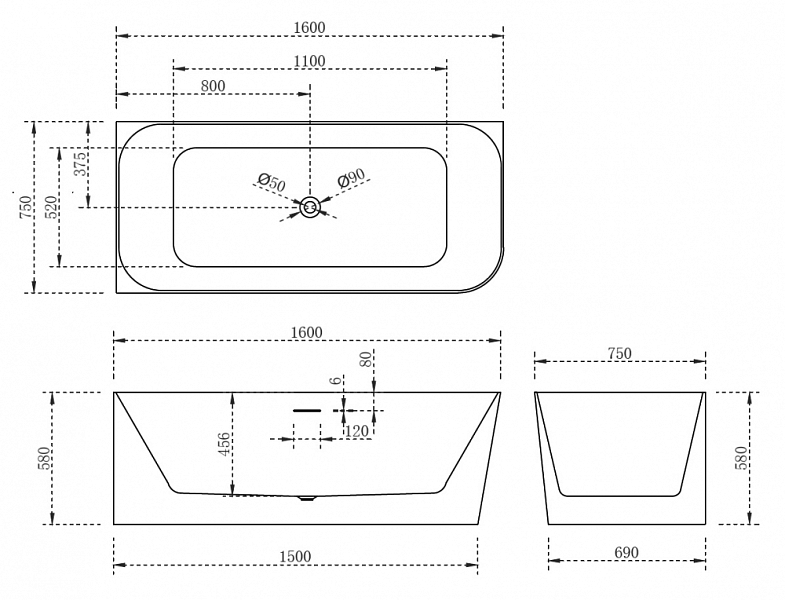 Акриловая ванна Abber AB9331-1.6 L 160x75 L , изображение 6