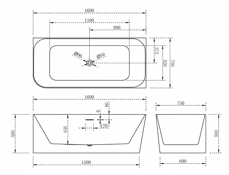 Акриловая ванна Abber AB9331-1.6 R 160x75 R , изображение 5