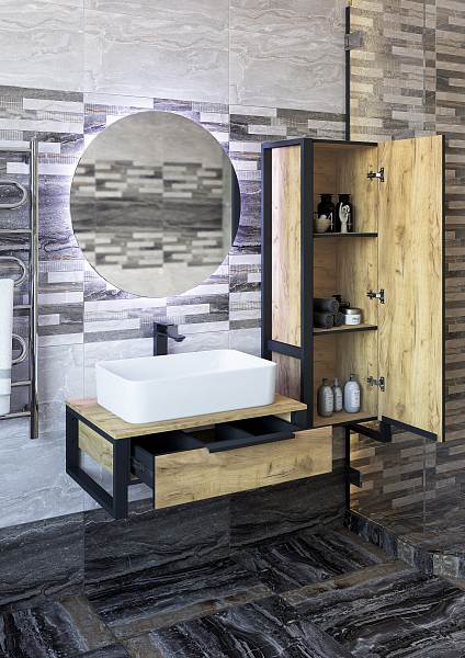 Шкаф-пенал Sanflor Гард подвесной, дуб крафт золотой/черный , изображение 5