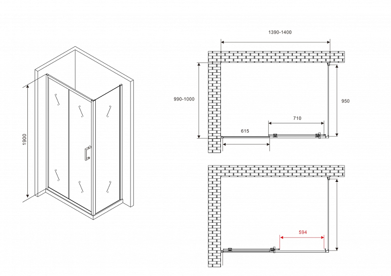 Душевой уголок Abber Schwarzer Diamant AG301405-S1005 140x100 , изображение 4
