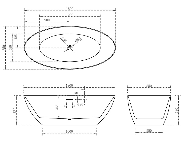 Акриловая ванна Abber 180x85 AB9374-1.8 , изображение 4