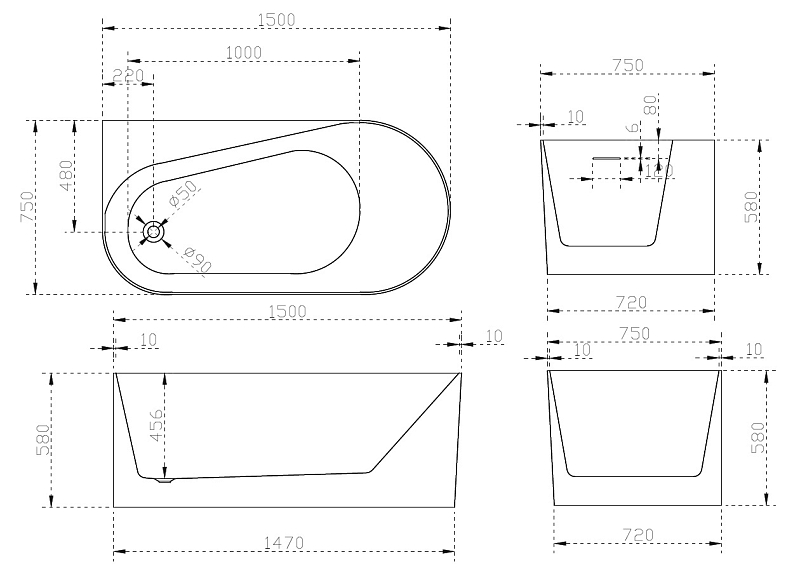 Акриловая ванна Abber AB9496-1.5 L 150x75 L , изображение 6