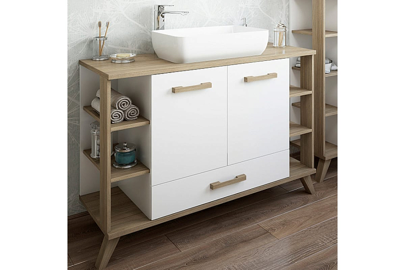 Тумба с раковиной Sanflor Ингрид 120 белый матовый/швейцарский вяз, с раковиной Plaza , изображение 1