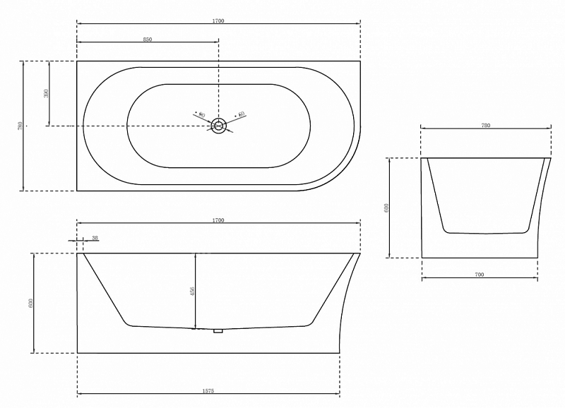 Акриловая ванна Abber AB9257-1.7 L 170х80 , изображение 4